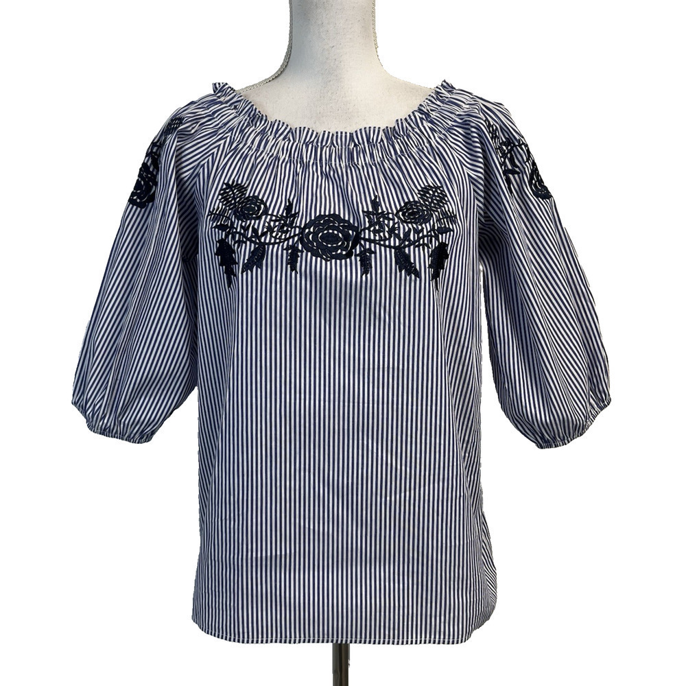 Blue Heaven Blouse Top Small Blue White Striped Floral Embroidered Boho Womens
